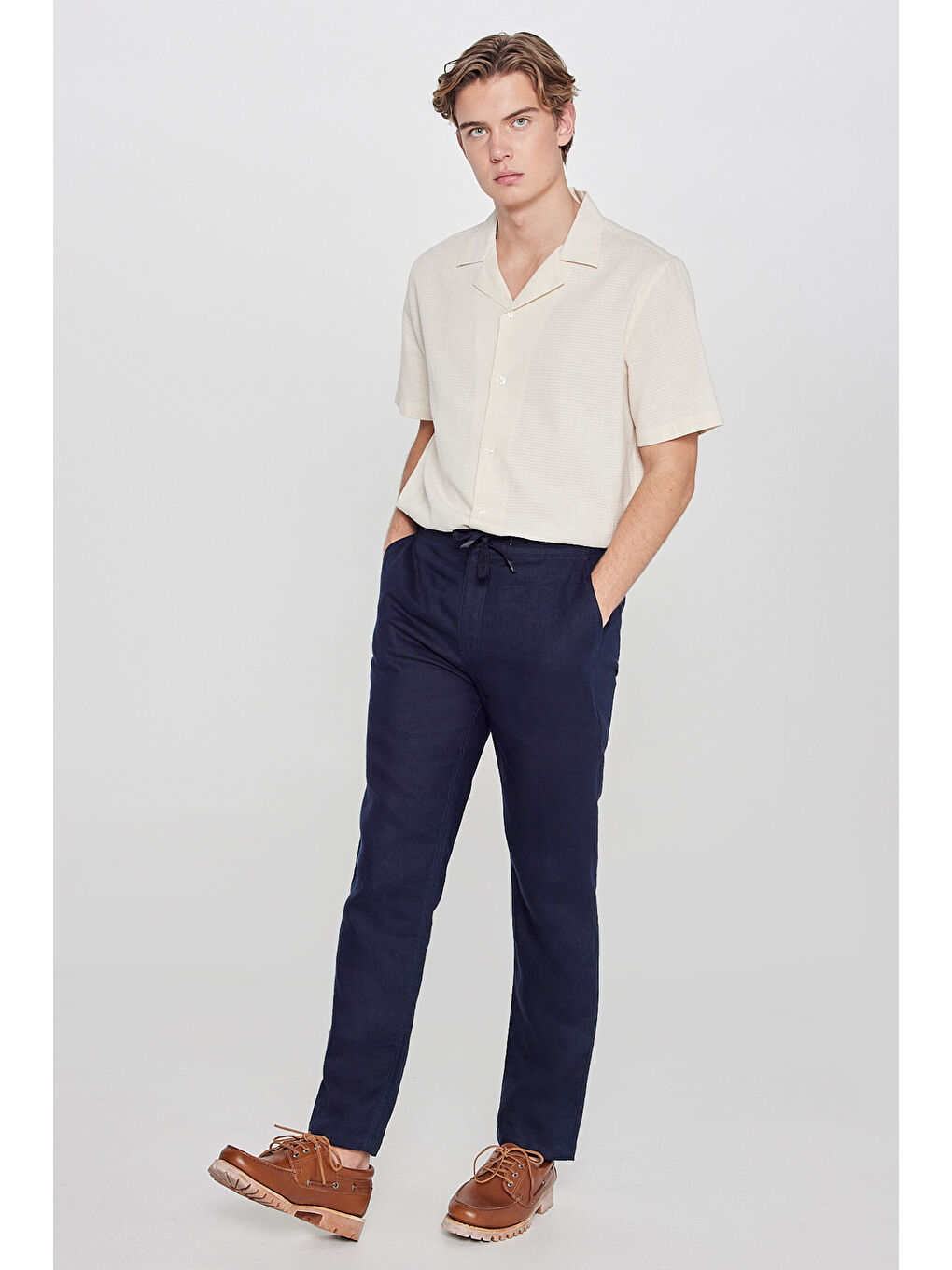 Lacivert %100 Keten Regular Fit Cepli Pantolon-1