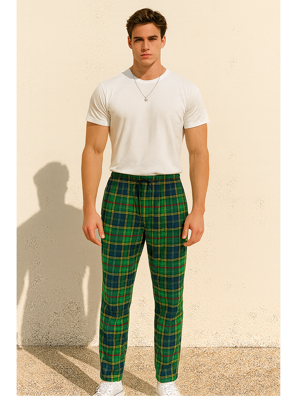 Yeşil Erkek %100 Pamuk Cepli Ekose Pijama Altı