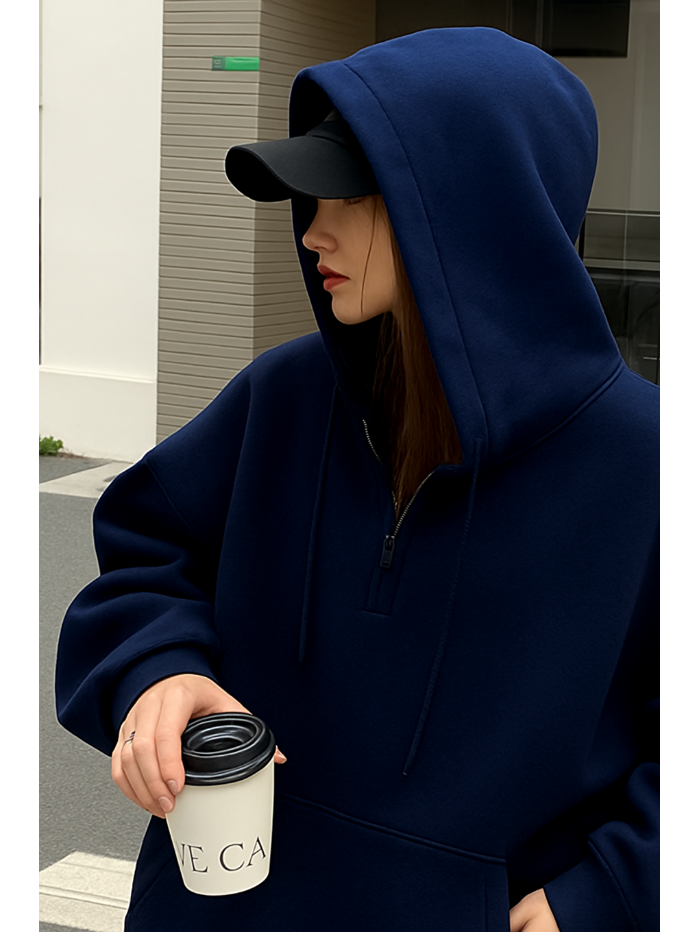 Kadın Lacivert Oversize Kapüşonlu Önü Fermuarlı Yumuşak Kumaş Sweatshirt-1