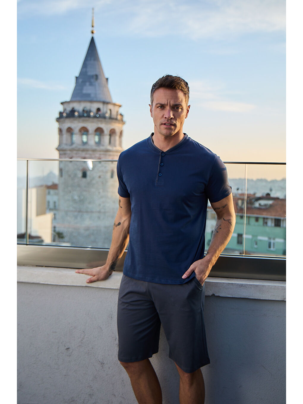 Lacivert Erkek %100 Organik Pamuk Doğal Kısa Kollu Şortlu Yüksek Kaliteli Pijama Takımı-2