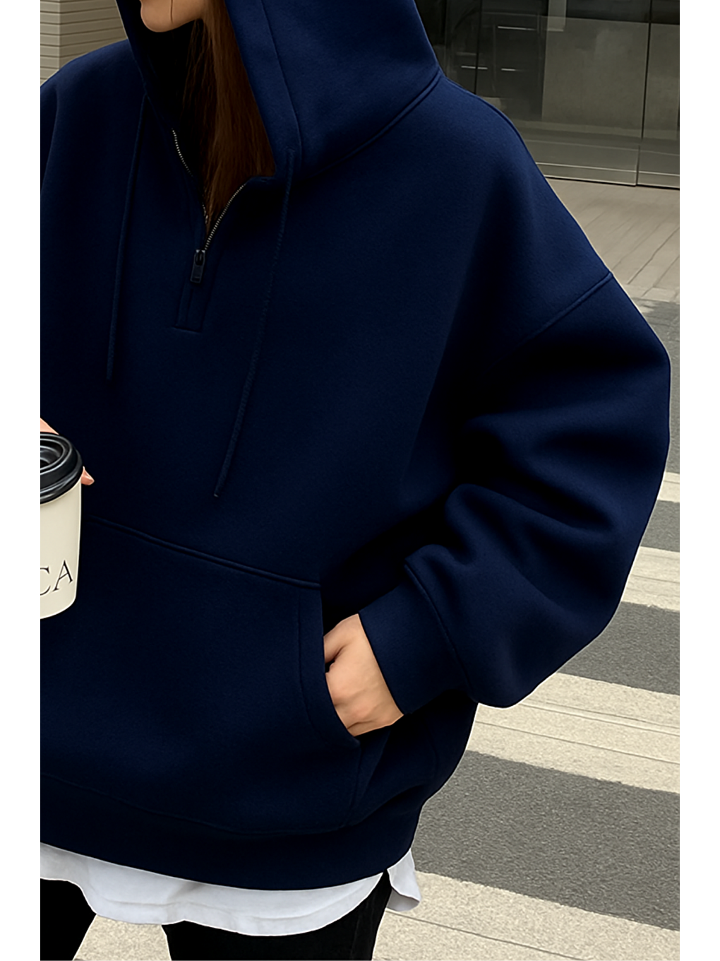 Kadın Lacivert Oversize Kapüşonlu Önü Fermuarlı Yumuşak Kumaş Sweatshirt-2