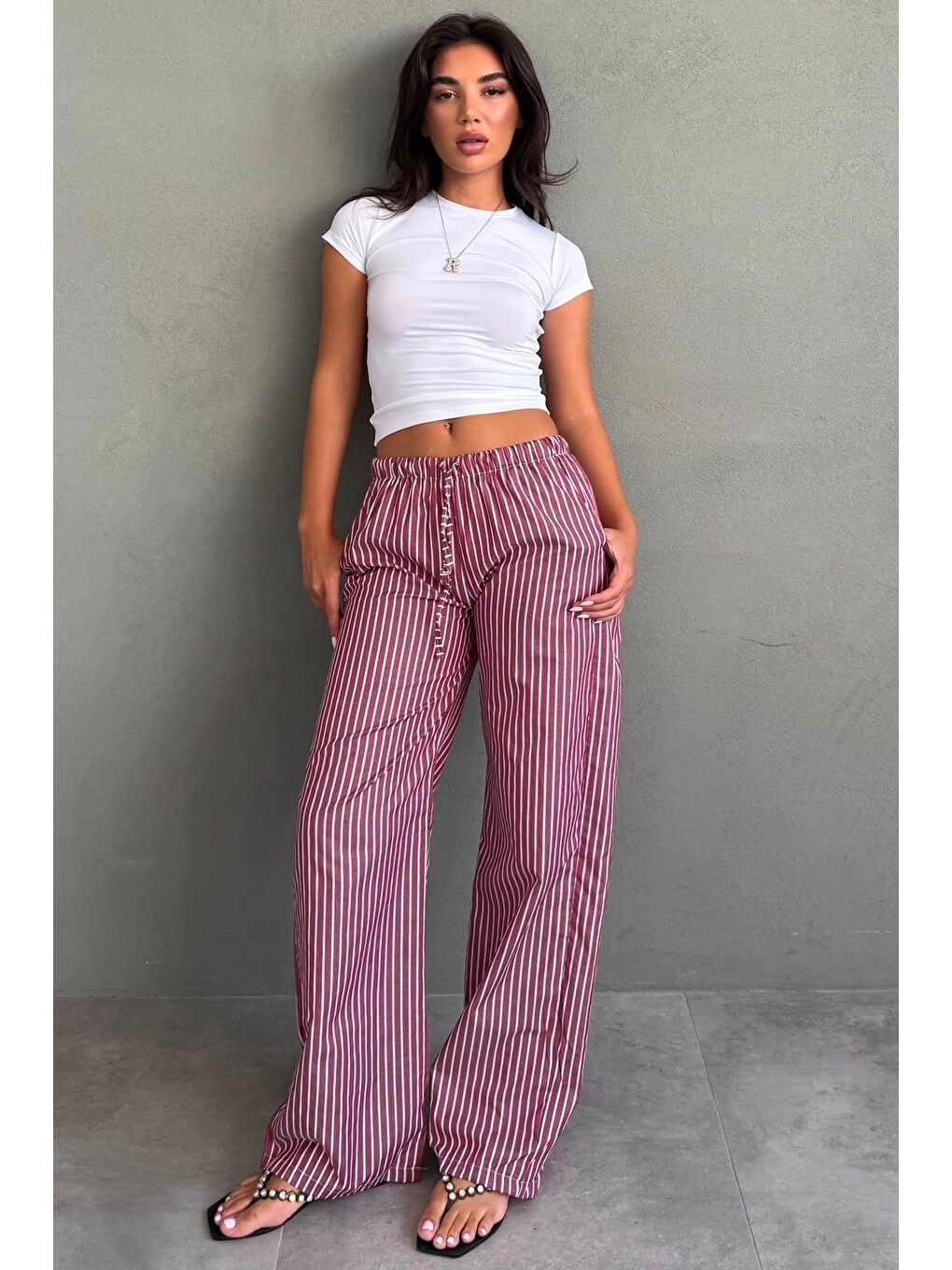 Bordo Beli Ayarlanabilir Çizgili Cepli Bol Paça Kadın Pantolon Mg2312-3