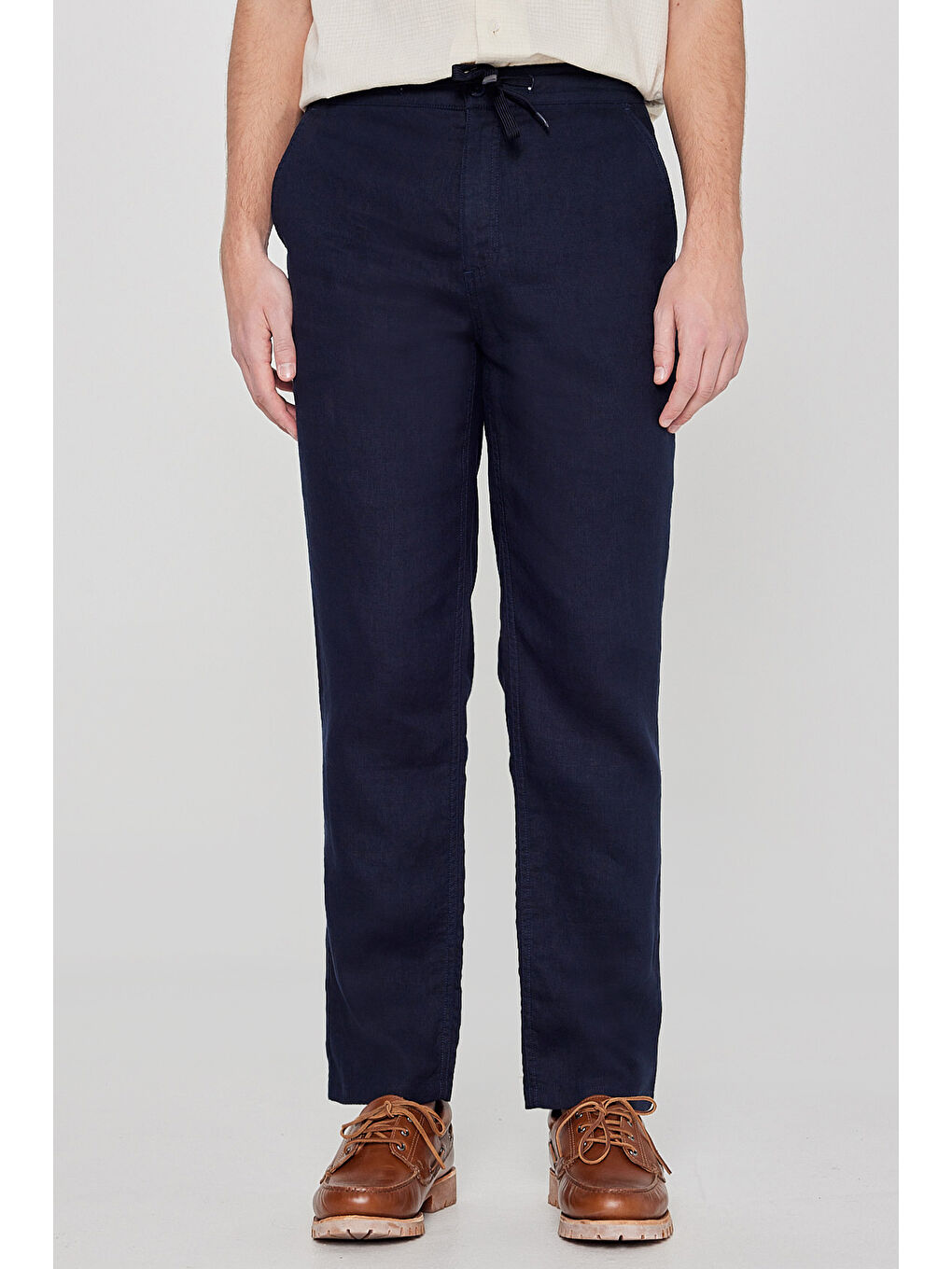 Lacivert %100 Keten Regular Fit Cepli Pantolon-2