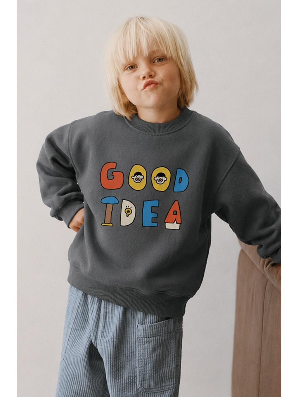 Antrasit Unisex Çocuk 3 İplik Kumaş Slogan Baskılı Pamuklu Sweatshirt-1