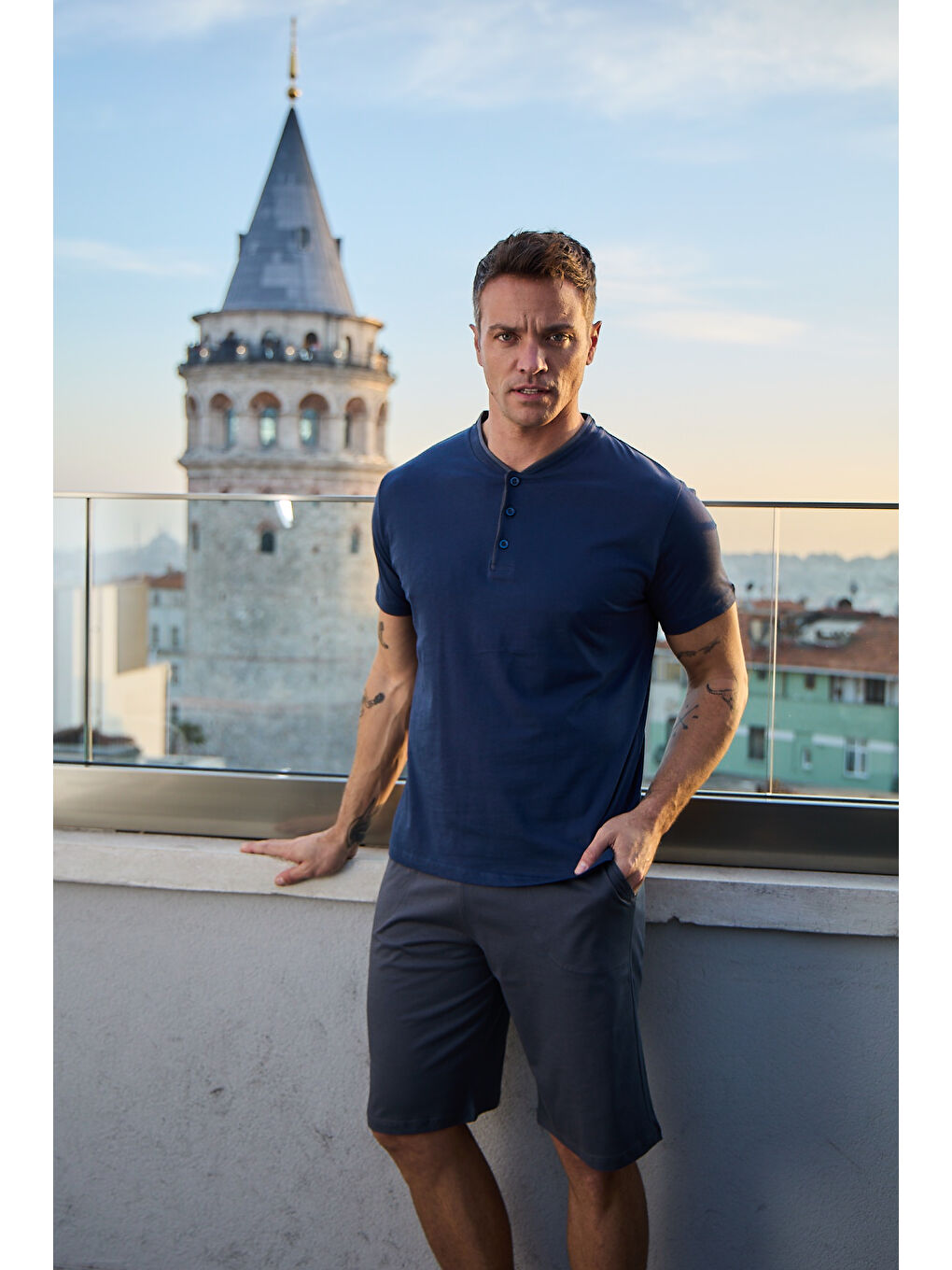 Lacivert Erkek %100 Organik Pamuk Doğal Kısa Kollu Şortlu Yüksek Kaliteli Pijama Takımı-3