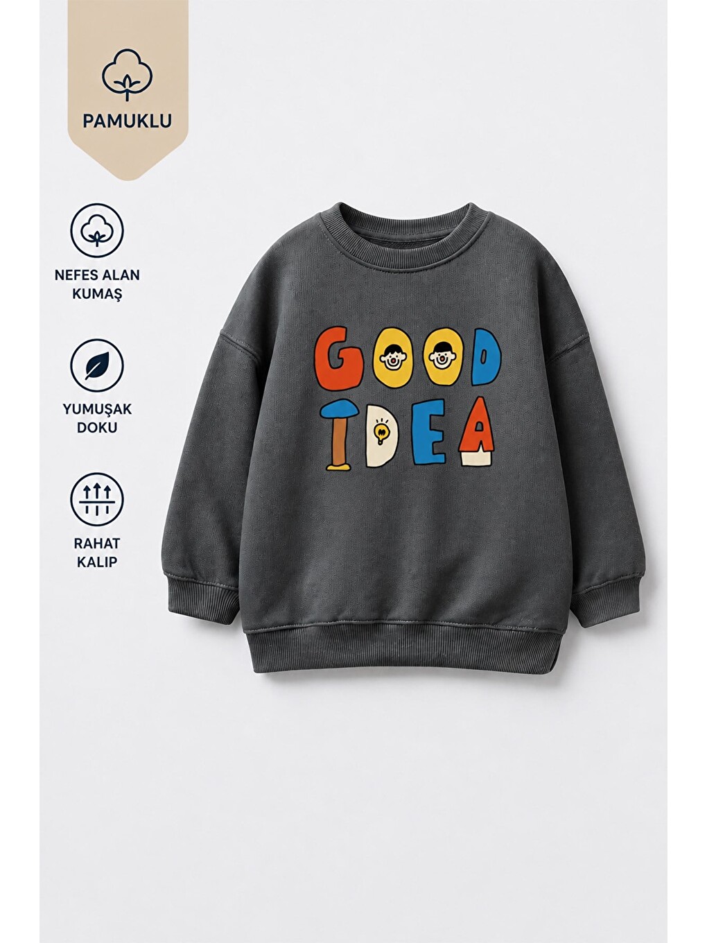 Antrasit Unisex Çocuk 3 İplik Kumaş Slogan Baskılı Pamuklu Sweatshirt-3