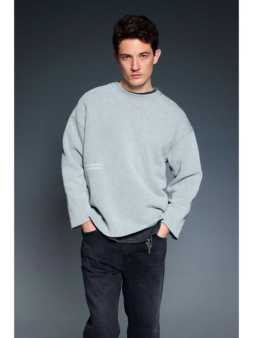 Erkek Yazı Baskılı Oversize Sweatshirt Gri-2