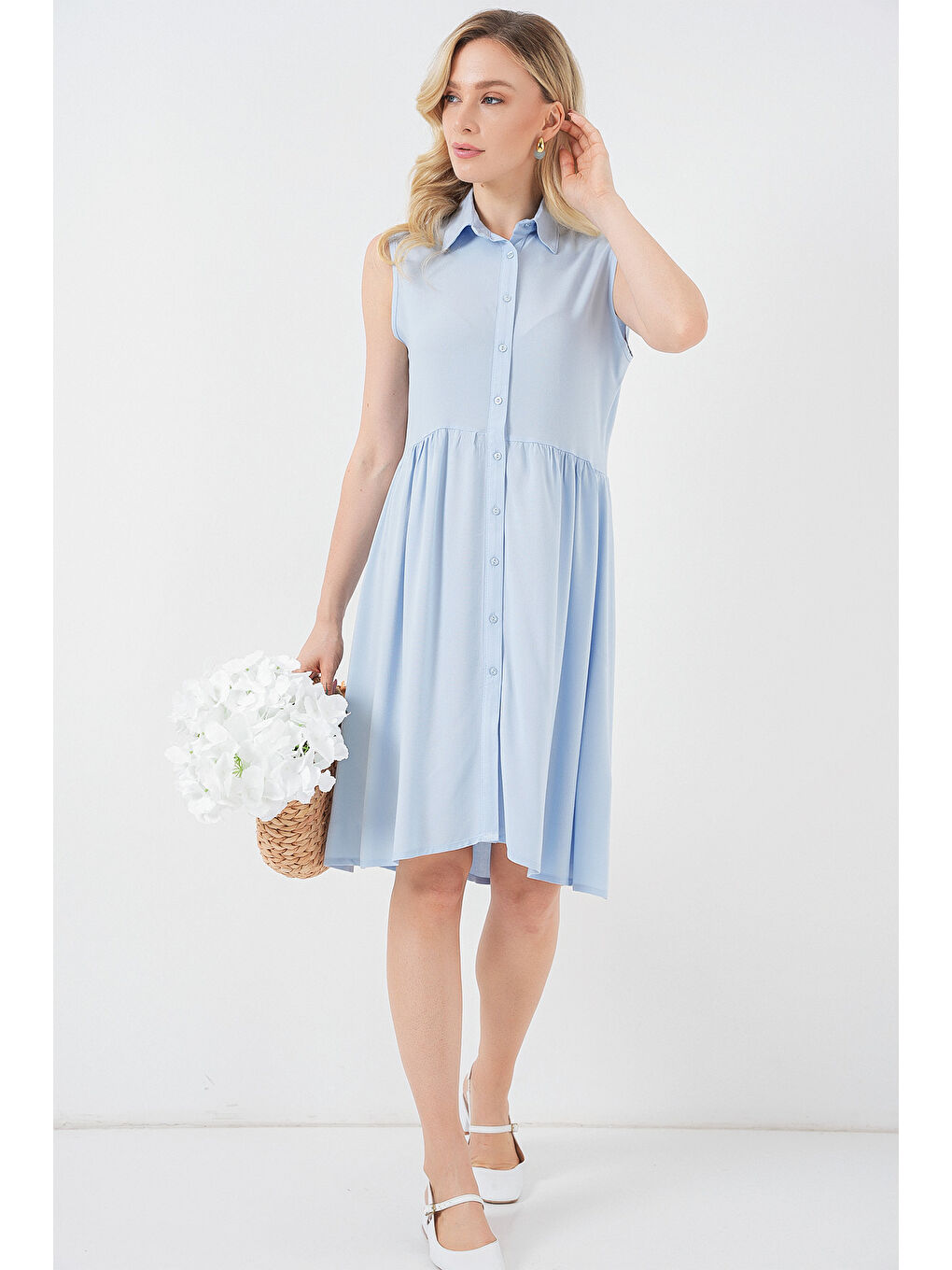 Kadın Sıfır Kol Midi Elbise 2563 - Mavi-1