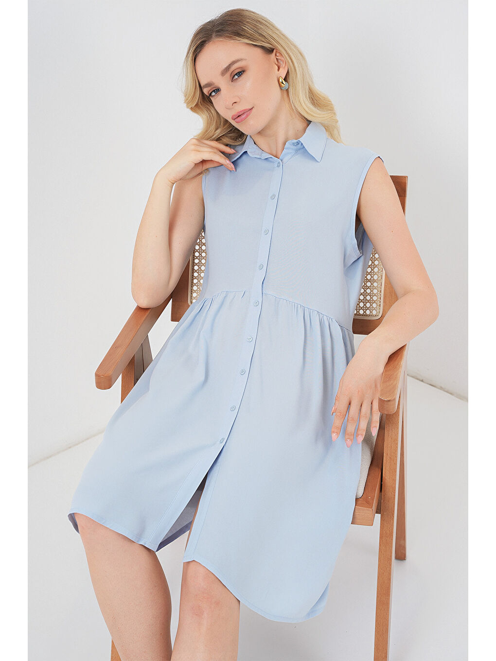 Kadın Sıfır Kol Midi Elbise 2563 - Mavi-2