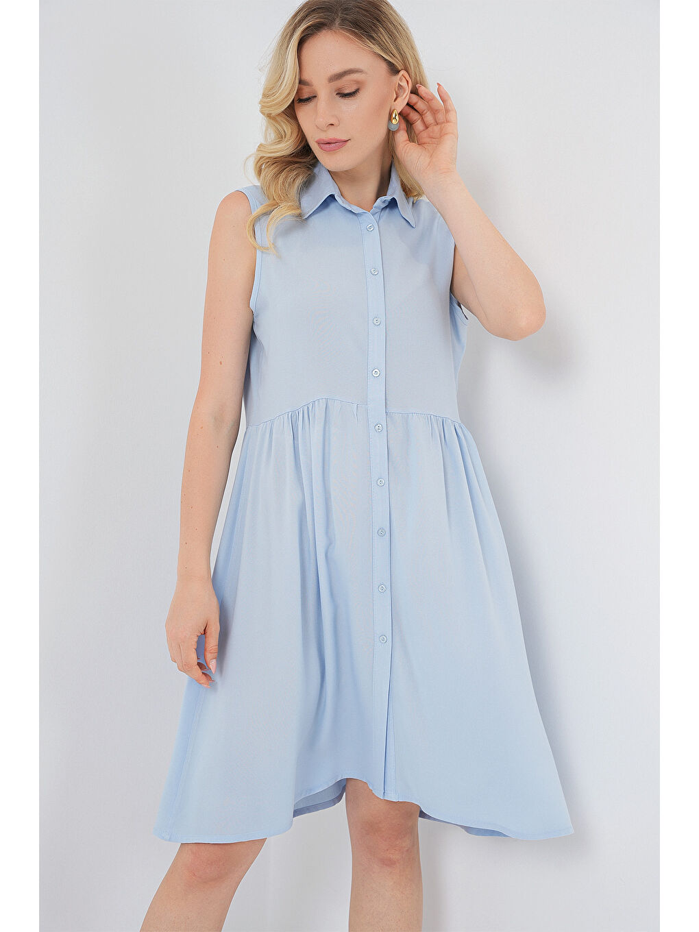 Kadın Sıfır Kol Midi Elbise 2563 - Mavi-3