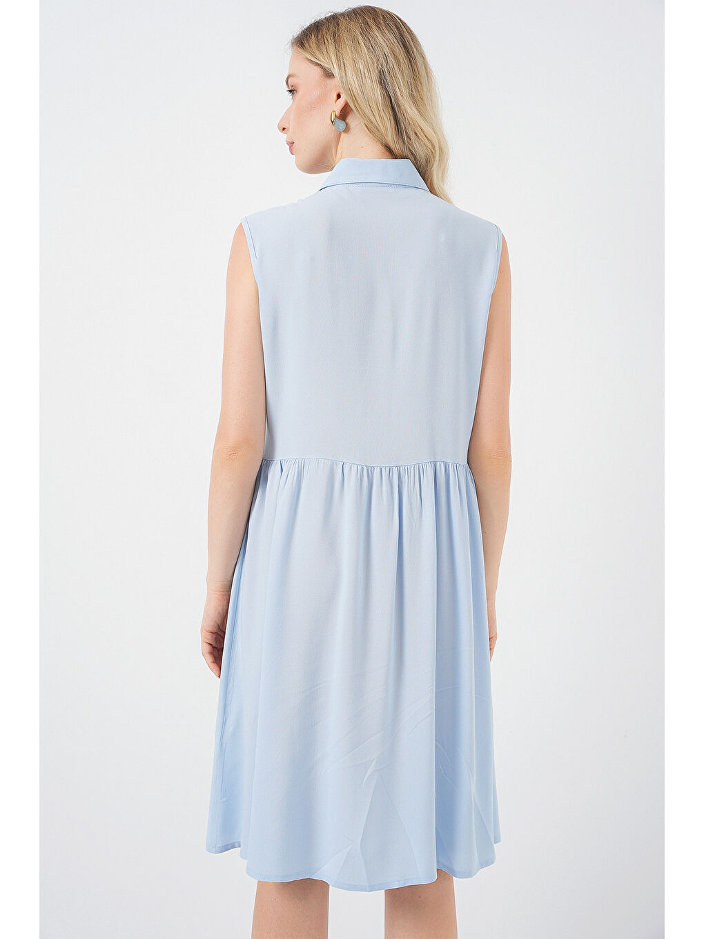 Kadın Sıfır Kol Midi Elbise 2563 - Mavi-5