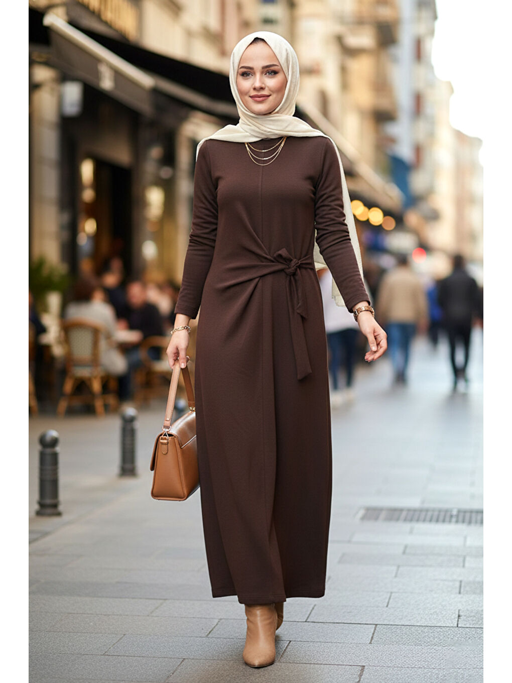 Drape Detay Pamuklu Elbise 13230 Kahverengi