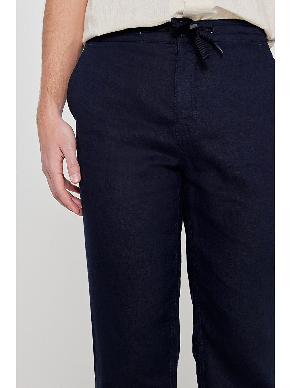 Lacivert %100 Keten Regular Fit Cepli Pantolon-4