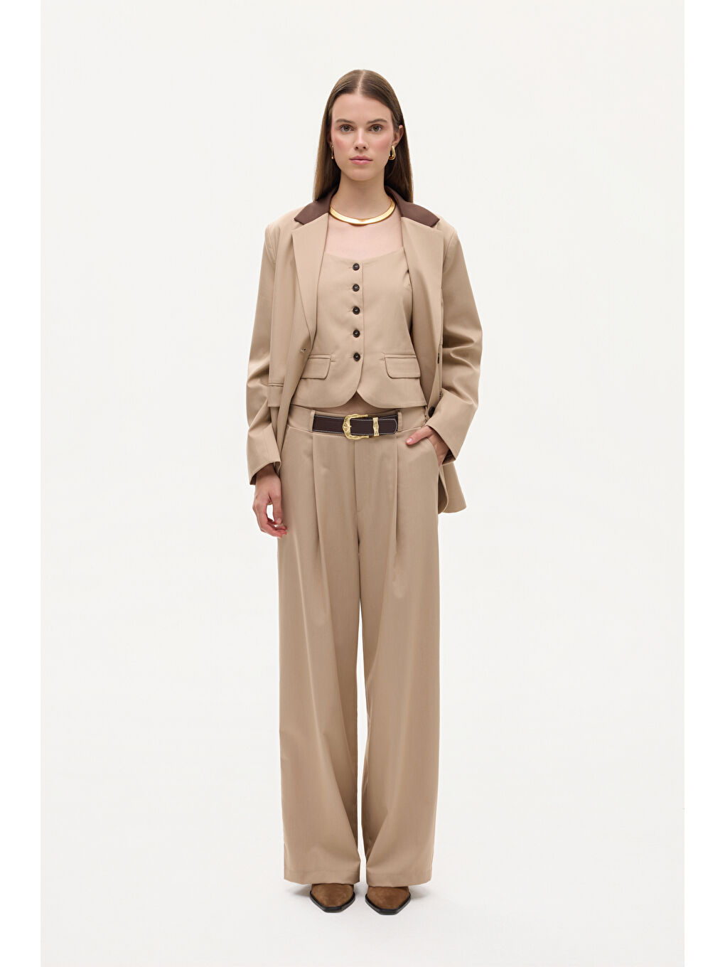 Kemerli Pileli Yüksek Bel Palazzo Pantolon Bej-1