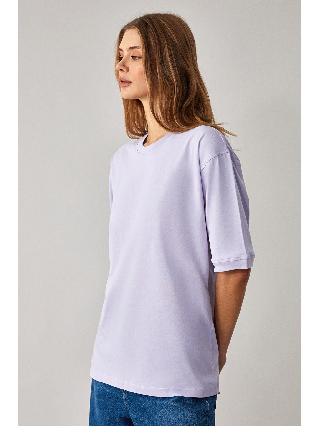 Lila Jemmy Kadın %100 Organik Pamuk Relaxed Fit Yırtmaçlı Yuvarlak Yakalı LİLA T-Shirt-2