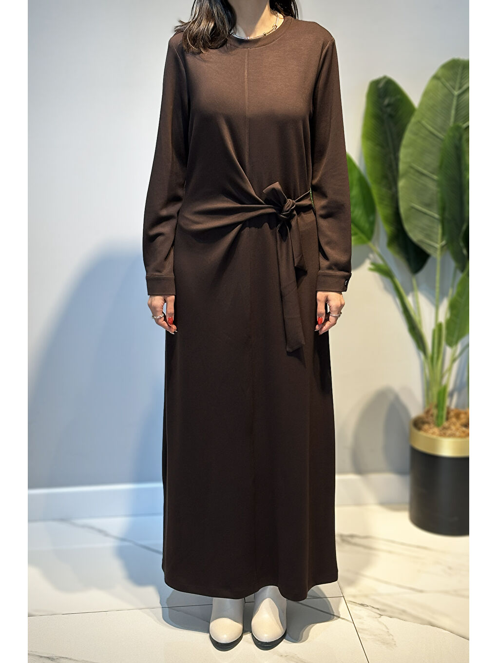 Drape Detay Pamuklu Elbise 13230 Kahverengi-1