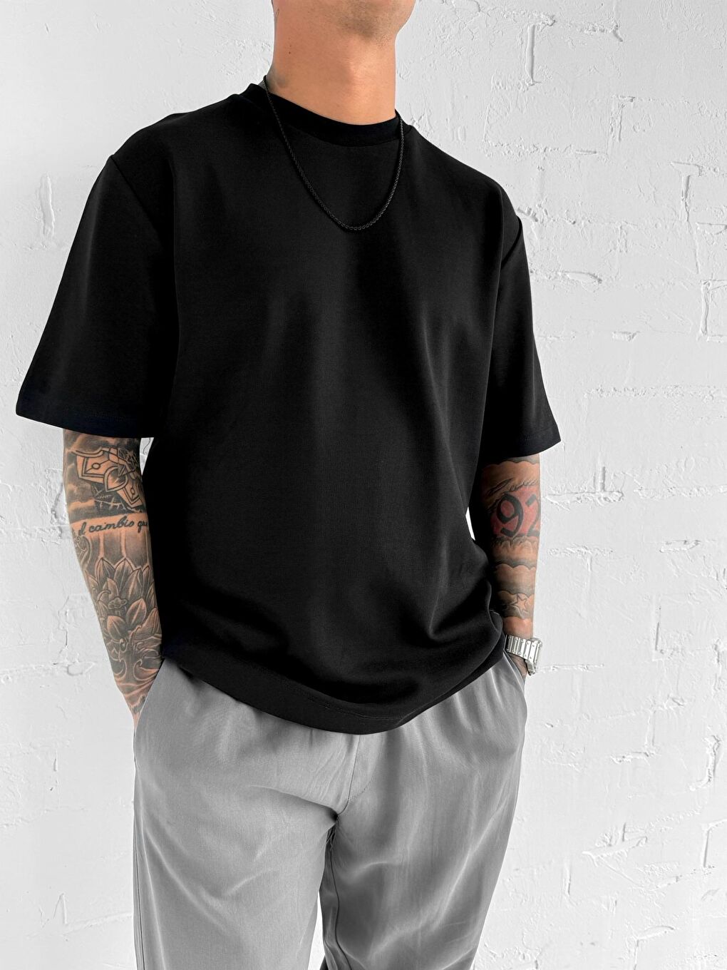 Erkek Oversize Basic %100 Pamuk Tişört Siyah-1