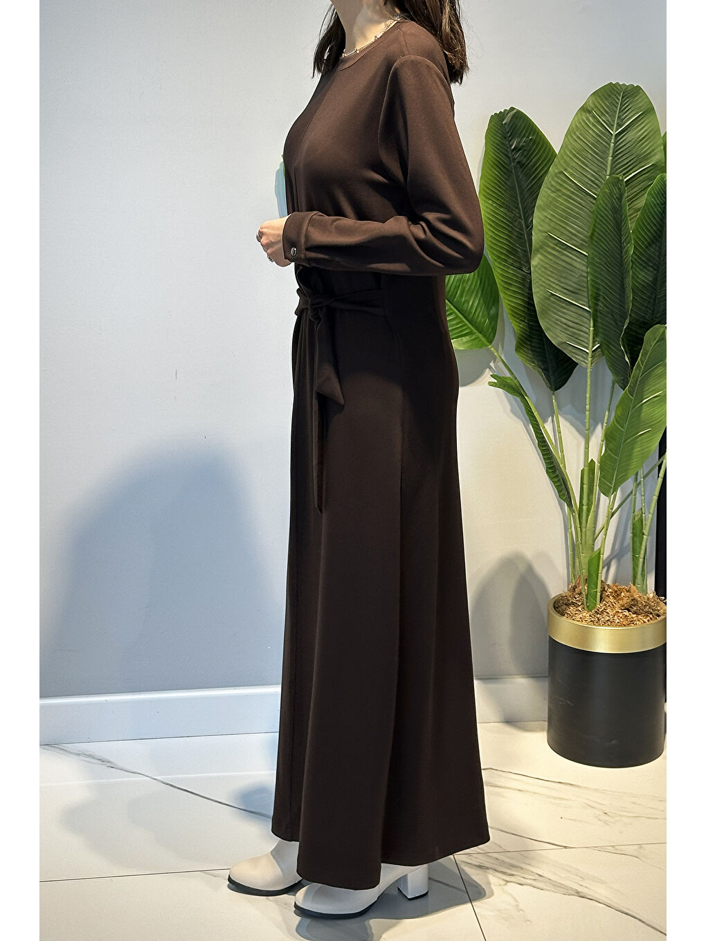 Drape Detay Pamuklu Elbise 13230 Kahverengi-2