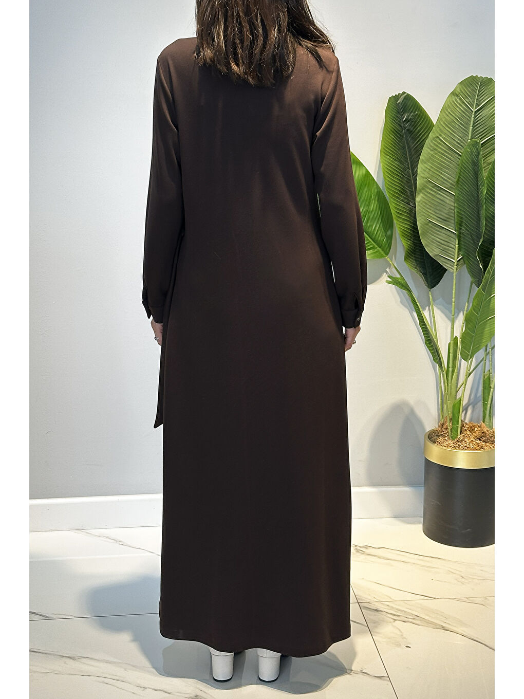 Drape Detay Pamuklu Elbise 13230 Kahverengi-3