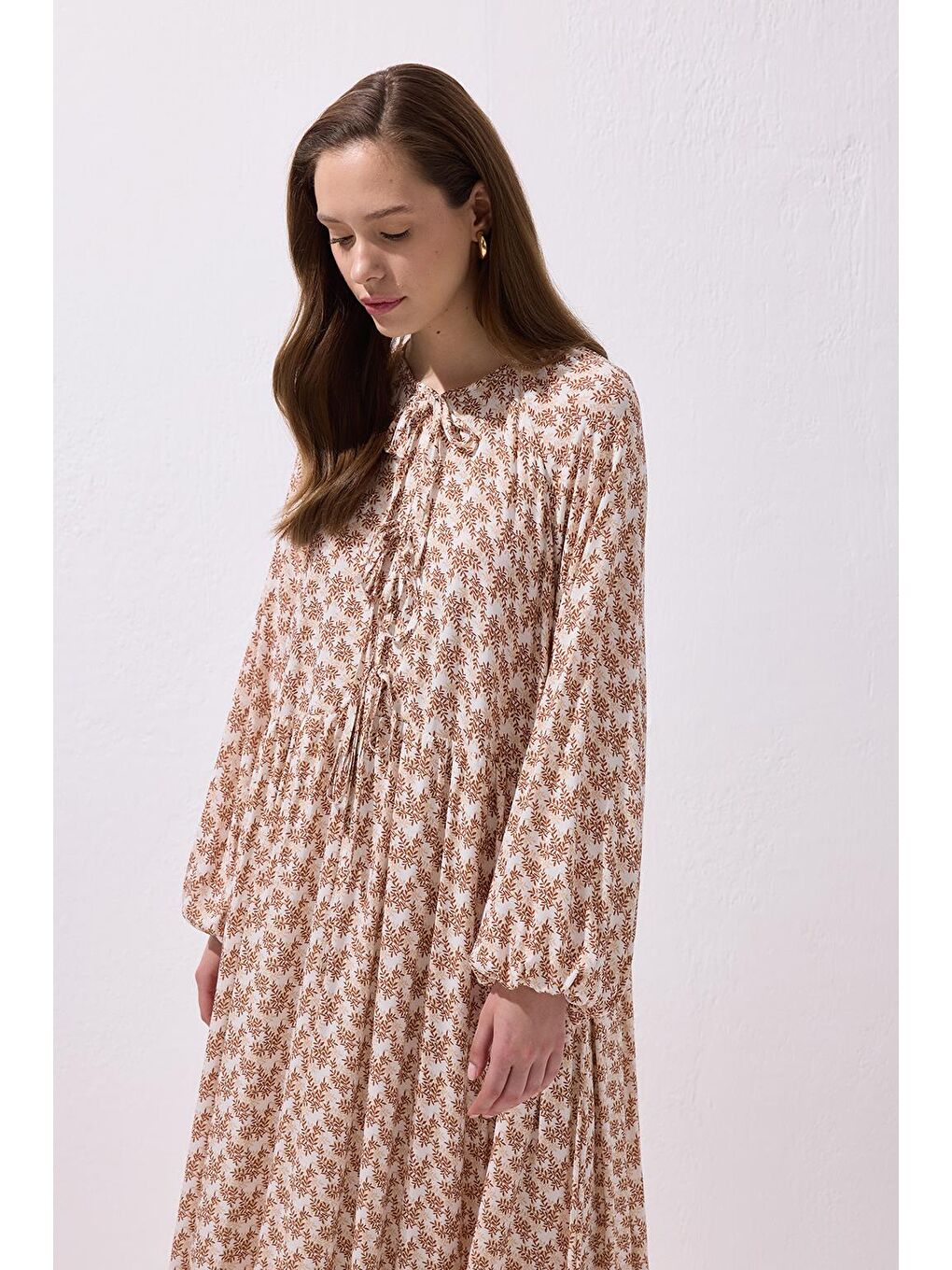 Kahverengi Fleur Viskon Bağlamalı Uzun Elbise Kahve-2
