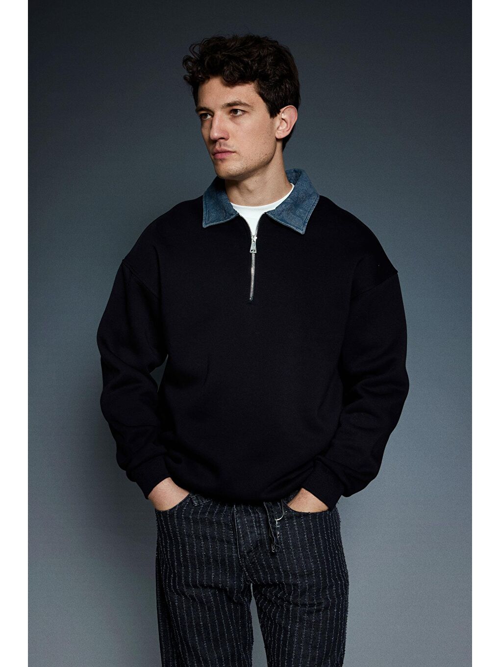 Erkek Denim Polo Yaka Yarım Fermuarlı Oversize Sweatshirt Siyah-1