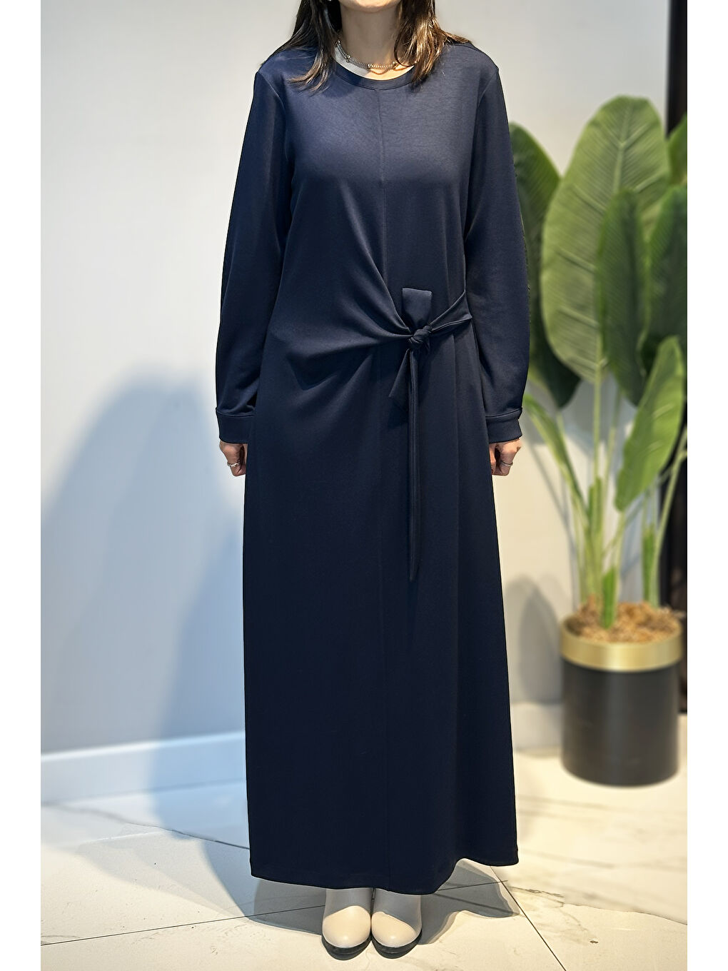 Drape Detay Pamuklu Elbise 13230 Lacivert-1