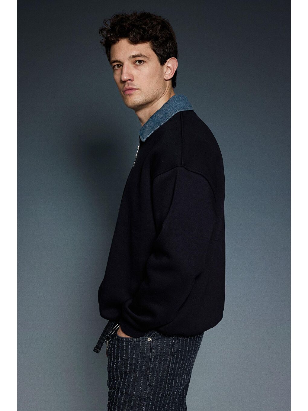 Erkek Denim Polo Yaka Yarım Fermuarlı Oversize Sweatshirt Siyah-2