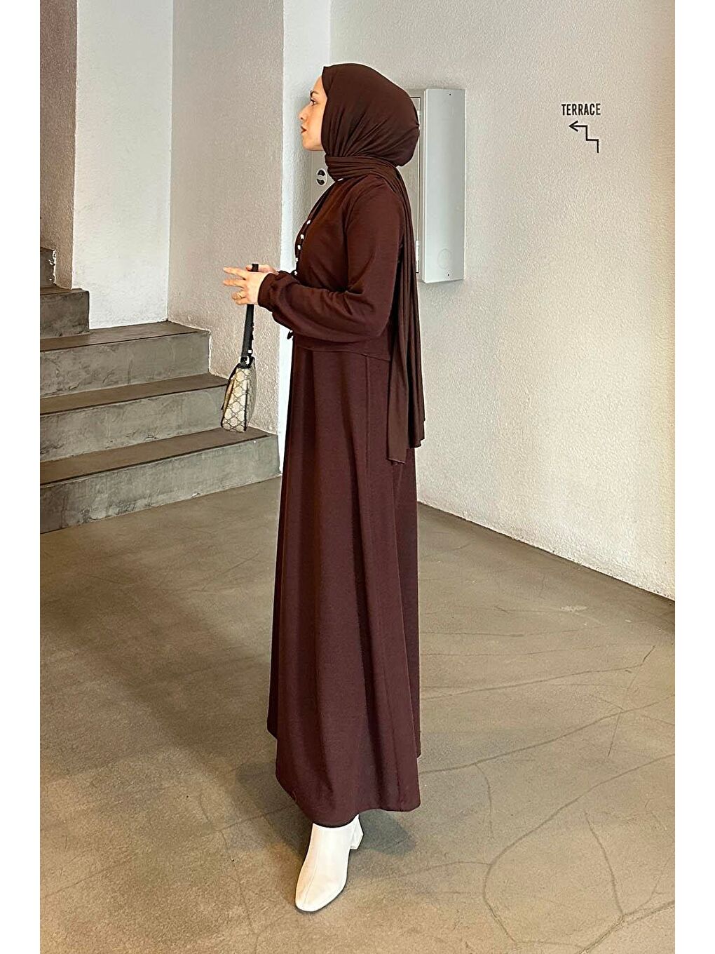Düğme Detaylı Hırka Tesettür Jile Takım Acı Kahverengi-1