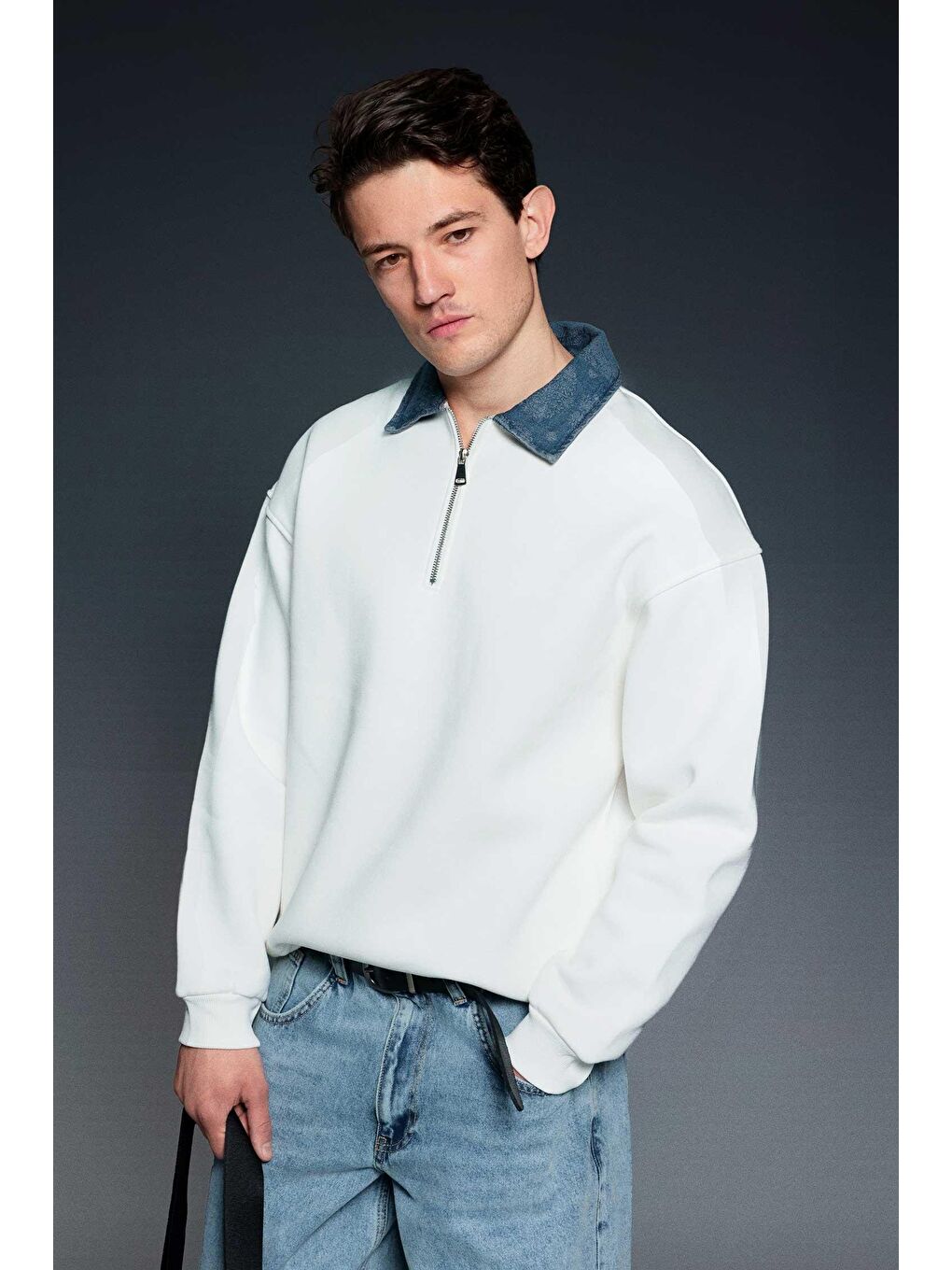 Erkek Denim Polo Yaka Yarım Fermuarlı Oversize Sweatshirt Beyaz-1
