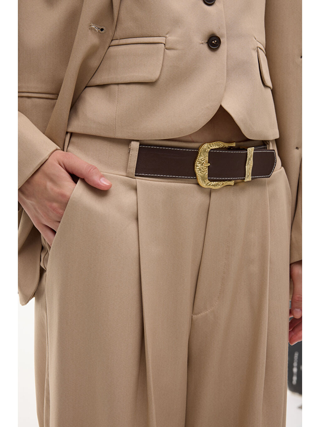 Kemerli Pileli Yüksek Bel Palazzo Pantolon Bej-2