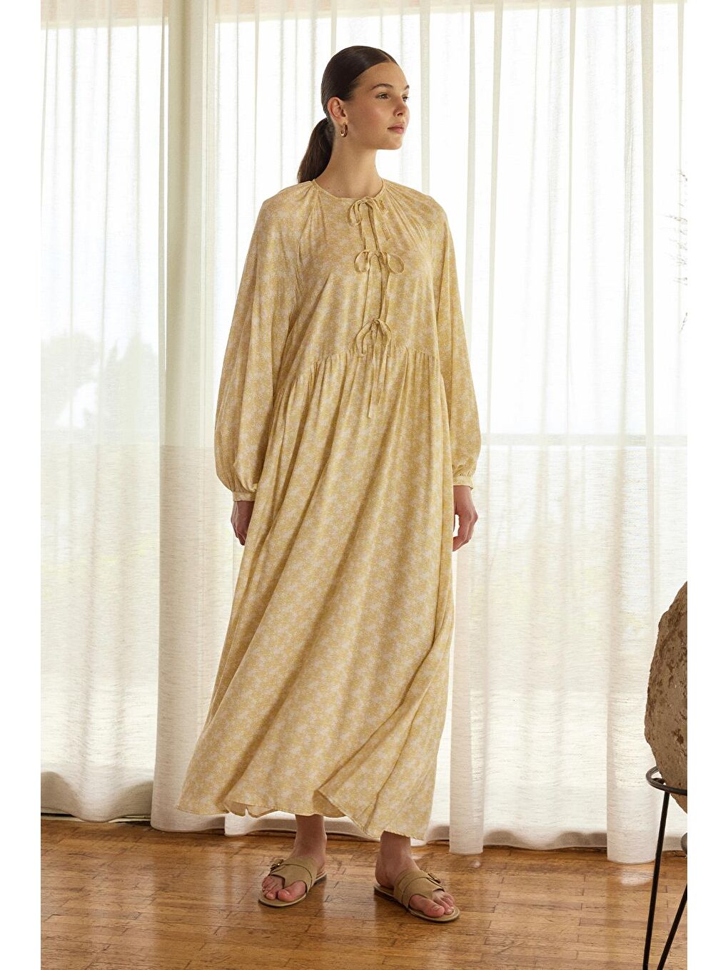 Fleur Viskon Bağlamalı Uzun Elbise Sarı-1