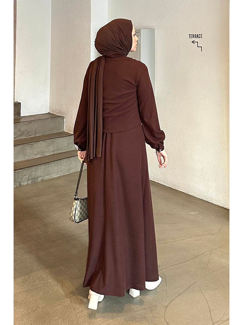 Düğme Detaylı Hırka Tesettür Jile Takım Acı Kahverengi-3