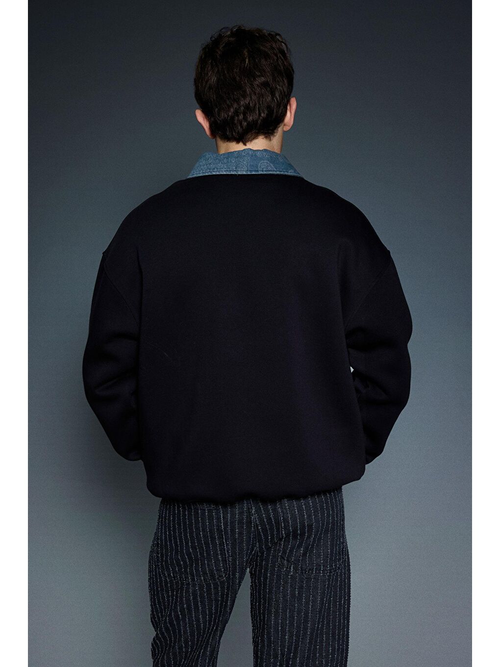 Erkek Denim Polo Yaka Yarım Fermuarlı Oversize Sweatshirt Siyah-3