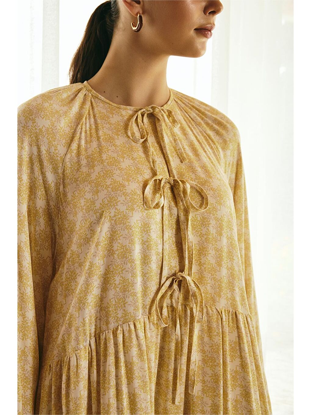 Fleur Viskon Bağlamalı Uzun Elbise Sarı-2