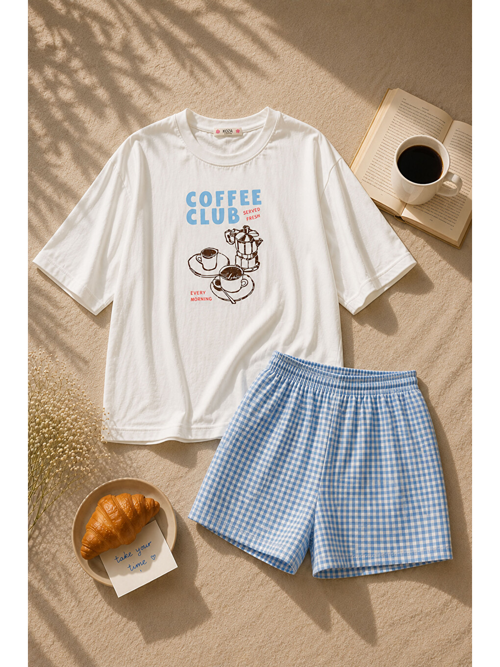 Mavi Kadın Pamuklu Kısa Kollu Pötikare Desenli Şortlu Pijama Takımı