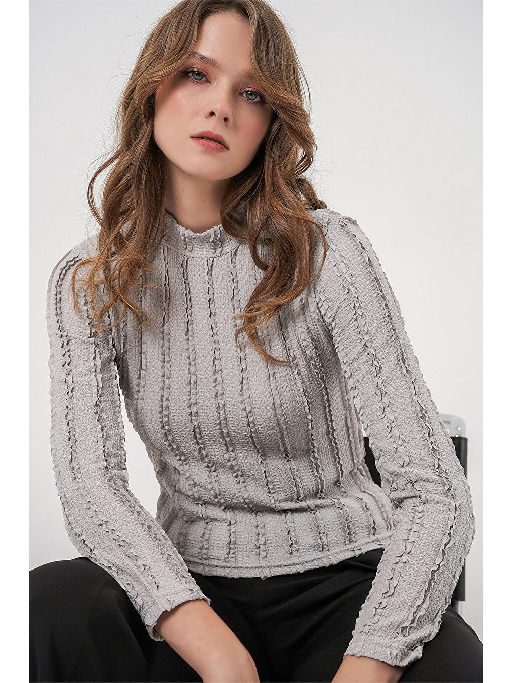 Kadın Dokulu Esnek Örme Bluz 975 - Gri