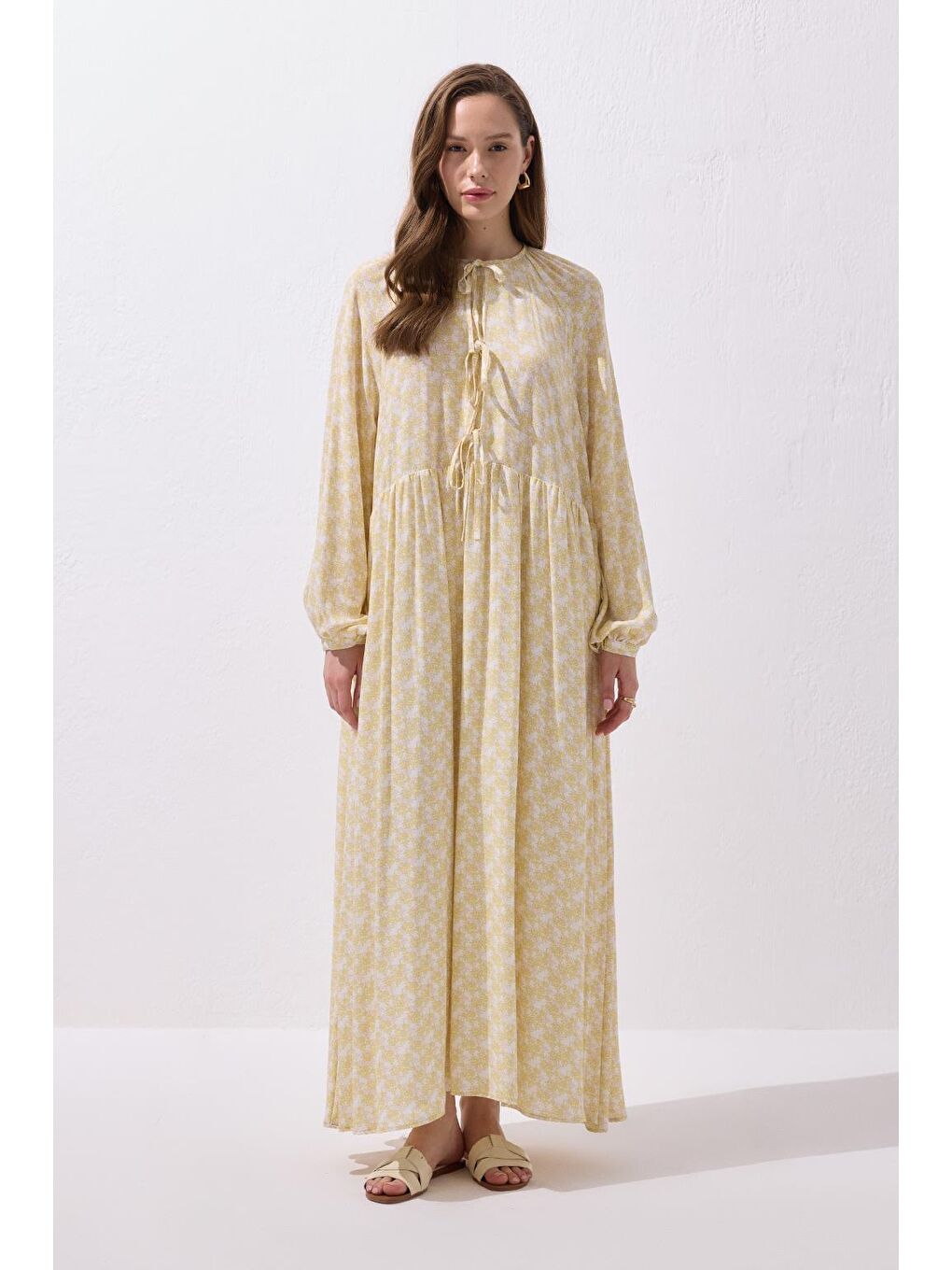 Fleur Viskon Bağlamalı Uzun Elbise Sarı-4