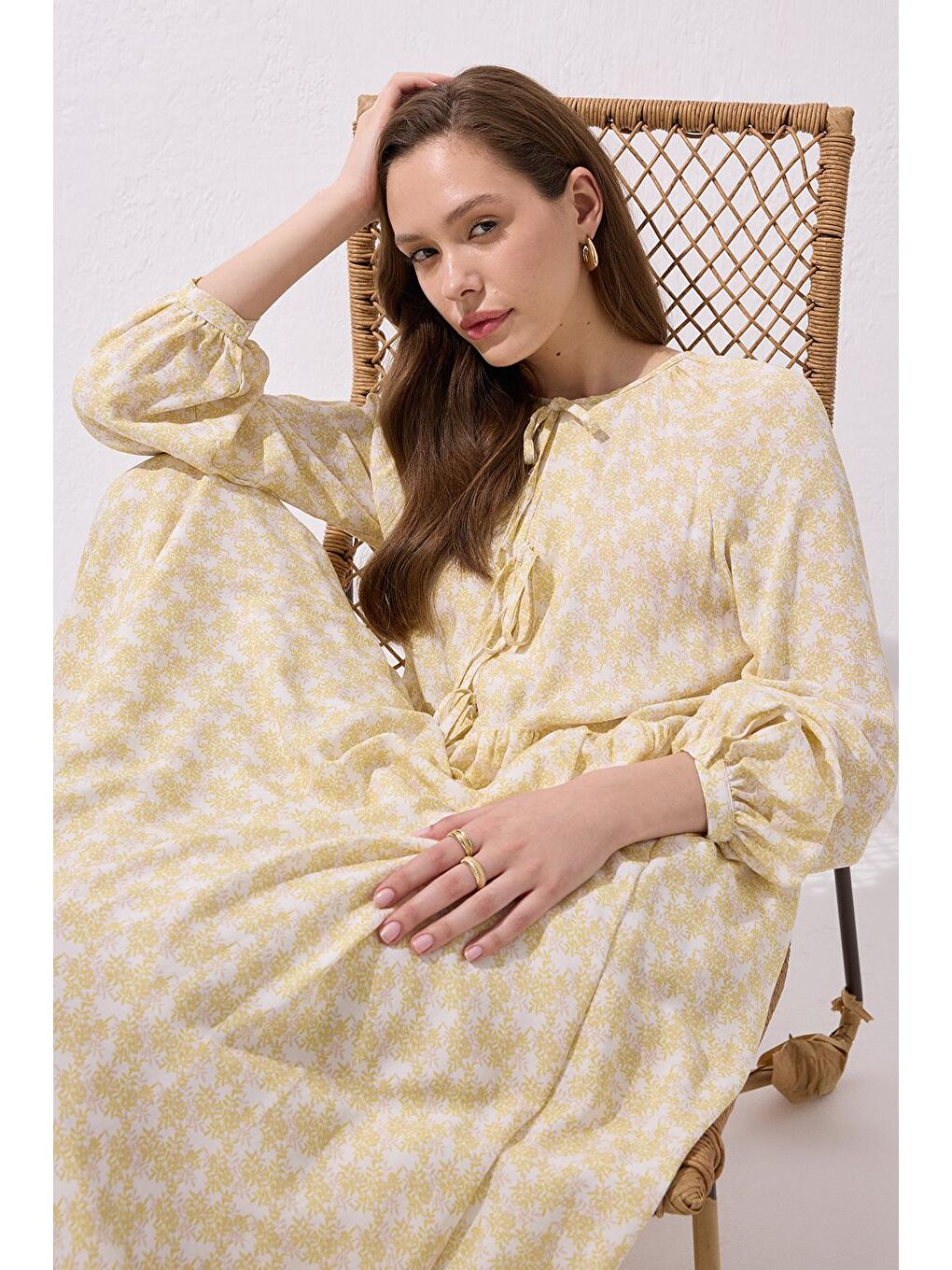 Fleur Viskon Bağlamalı Uzun Elbise Sarı-5