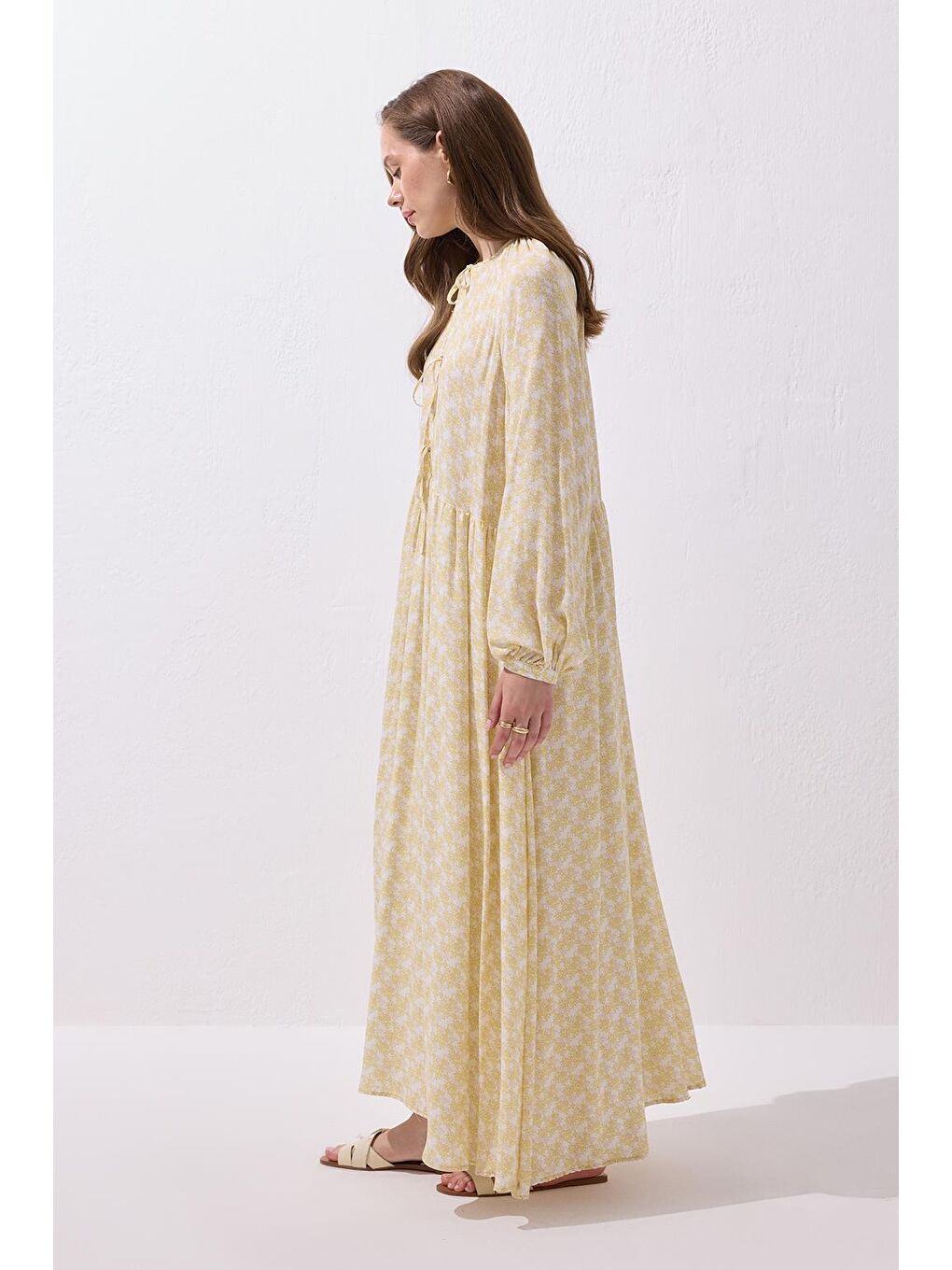 Fleur Viskon Bağlamalı Uzun Elbise Sarı-7