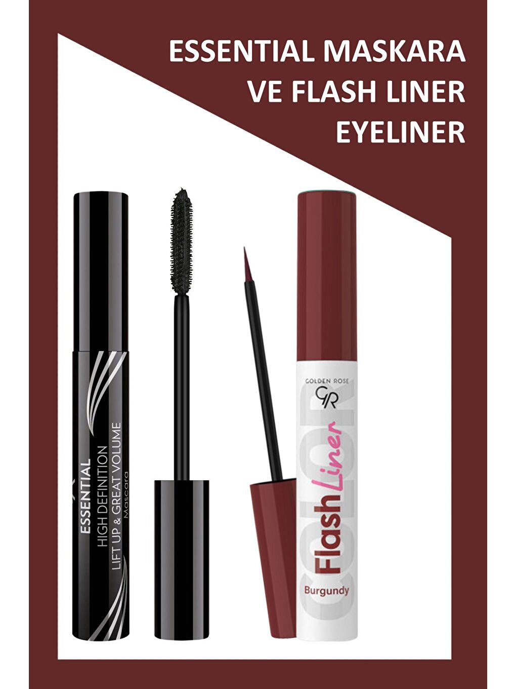 Essential Hacim Veren Maskara Siyah ve Flash Liner Bordo Eyeliner Makyaj Seti