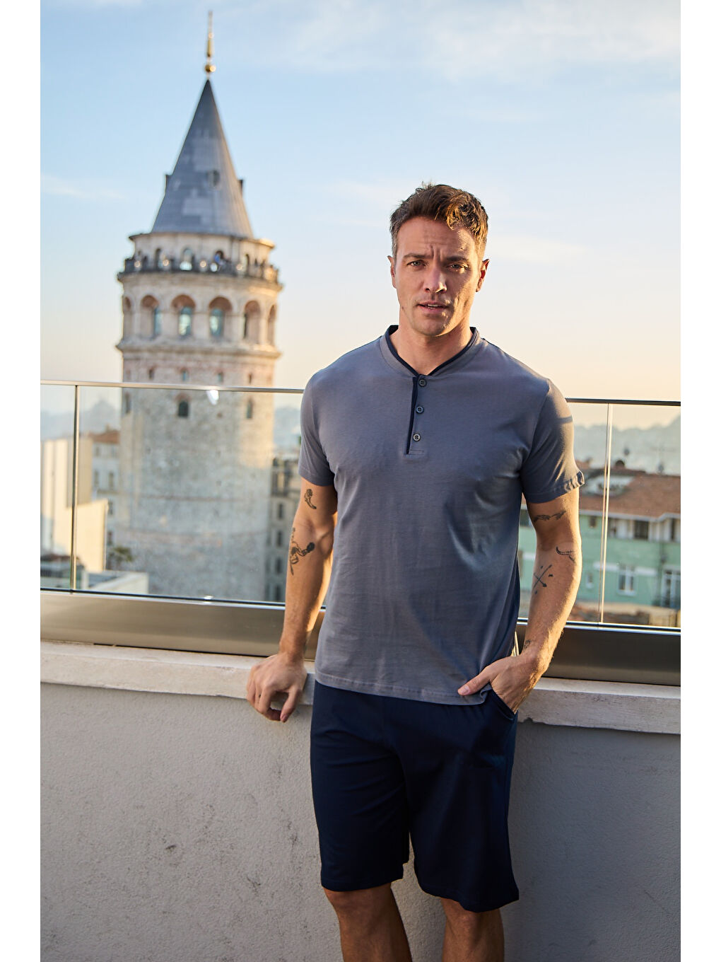 Antrasit Erkek %100 Organik Pamuk Doğal Kısa Kollu Şortlu Yüksek Kaliteli Pijama Takımı