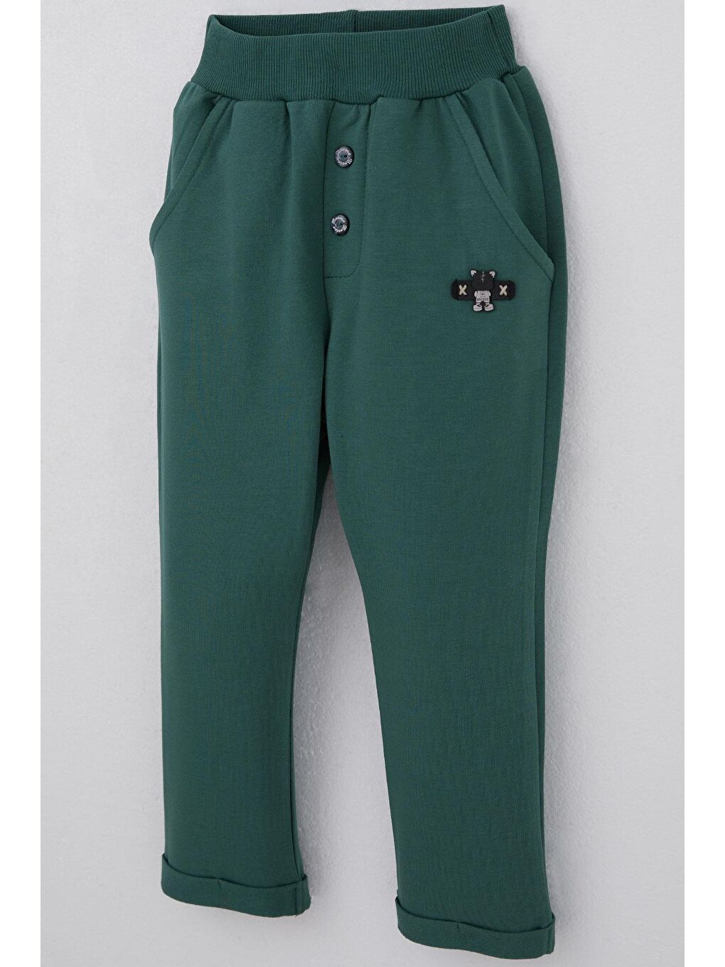 Erkek Bebek Eşofman Altı Ayıcık Armalı Düğme Aksesuarlı Zümrüt Yeşili (9 Ay-3 Yaş)-2