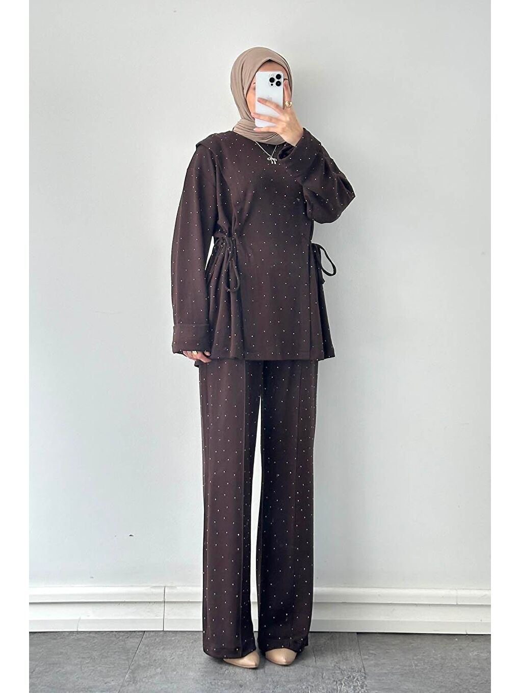 Tünel Detaylı Taşlı Takım Acı Kahverengi-3