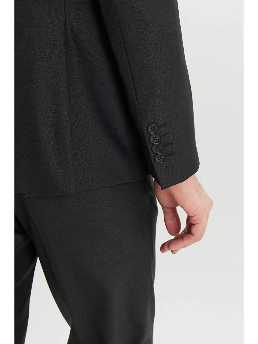 Erkek Siyah Yünlü Slim Fit Dar Kesim Mono Yaka Desenli Kapak Cepli Takım Elbise-6