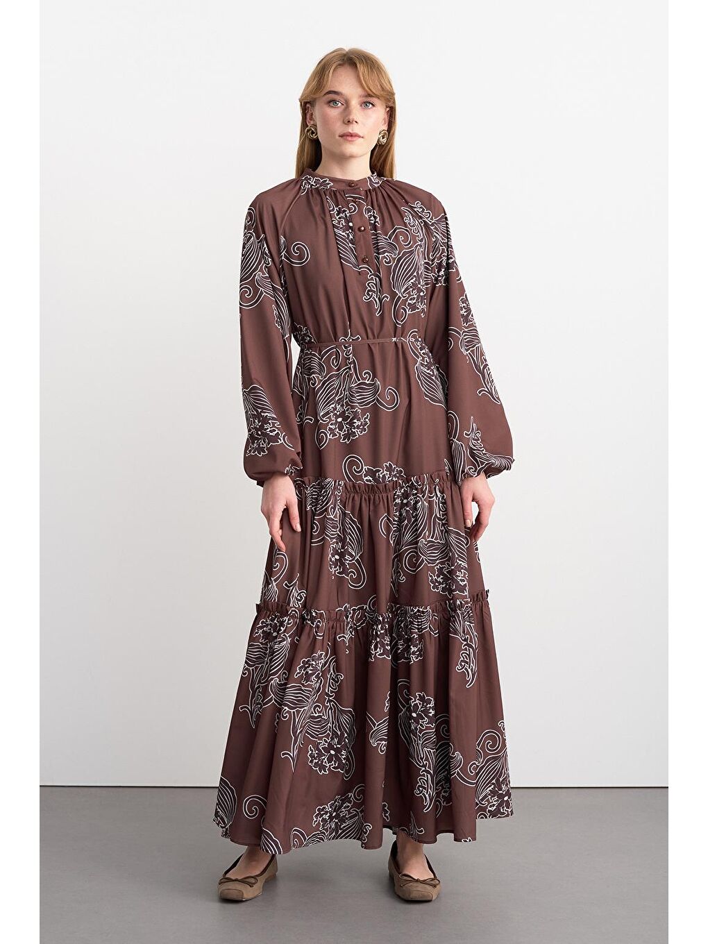 Kahverengi Floral Desenli Uzun Elbise Kahve