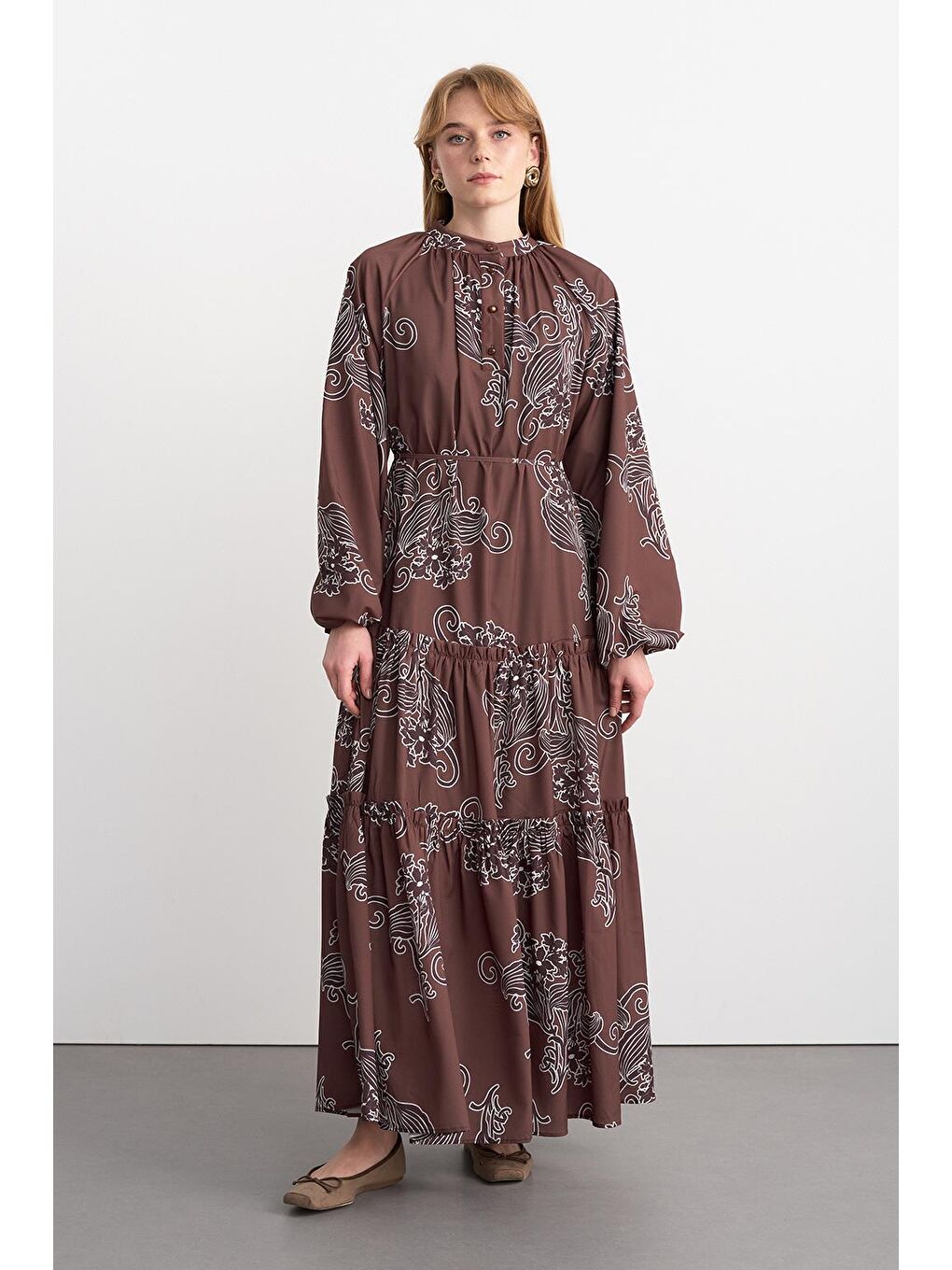 Kahverengi Floral Desenli Uzun Elbise Kahve-2