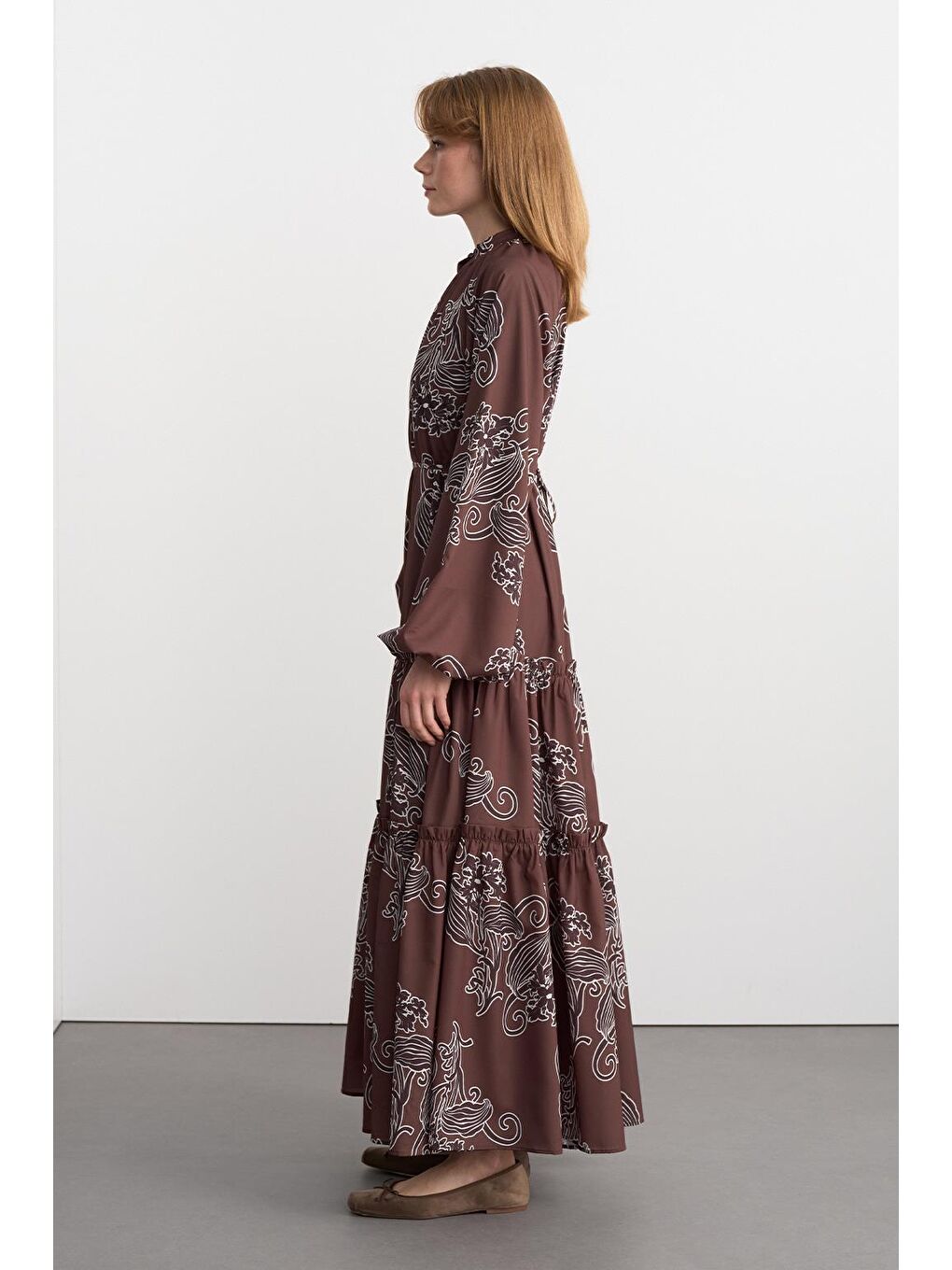 Kahverengi Floral Desenli Uzun Elbise Kahve-3