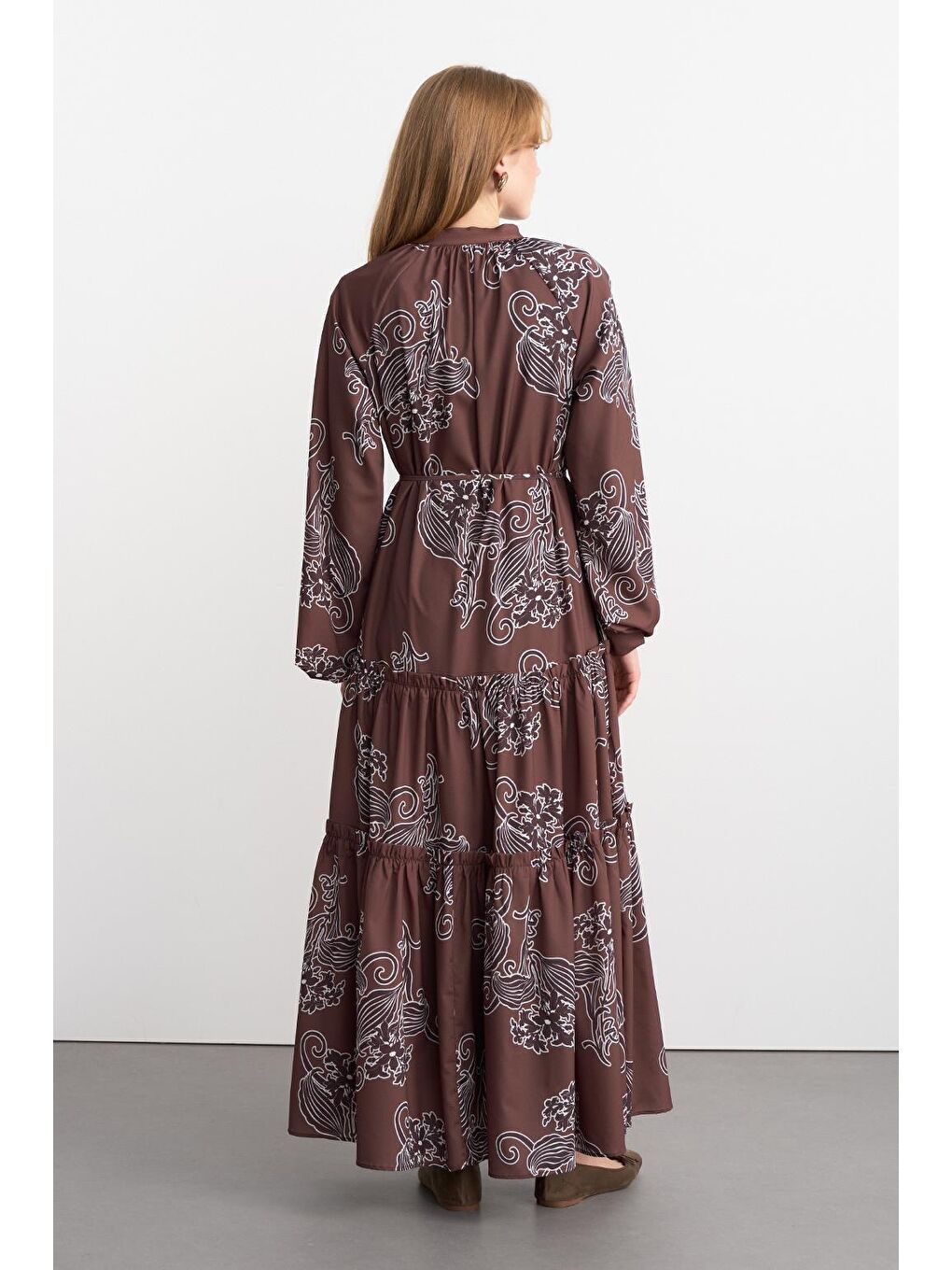 Kahverengi Floral Desenli Uzun Elbise Kahve-4
