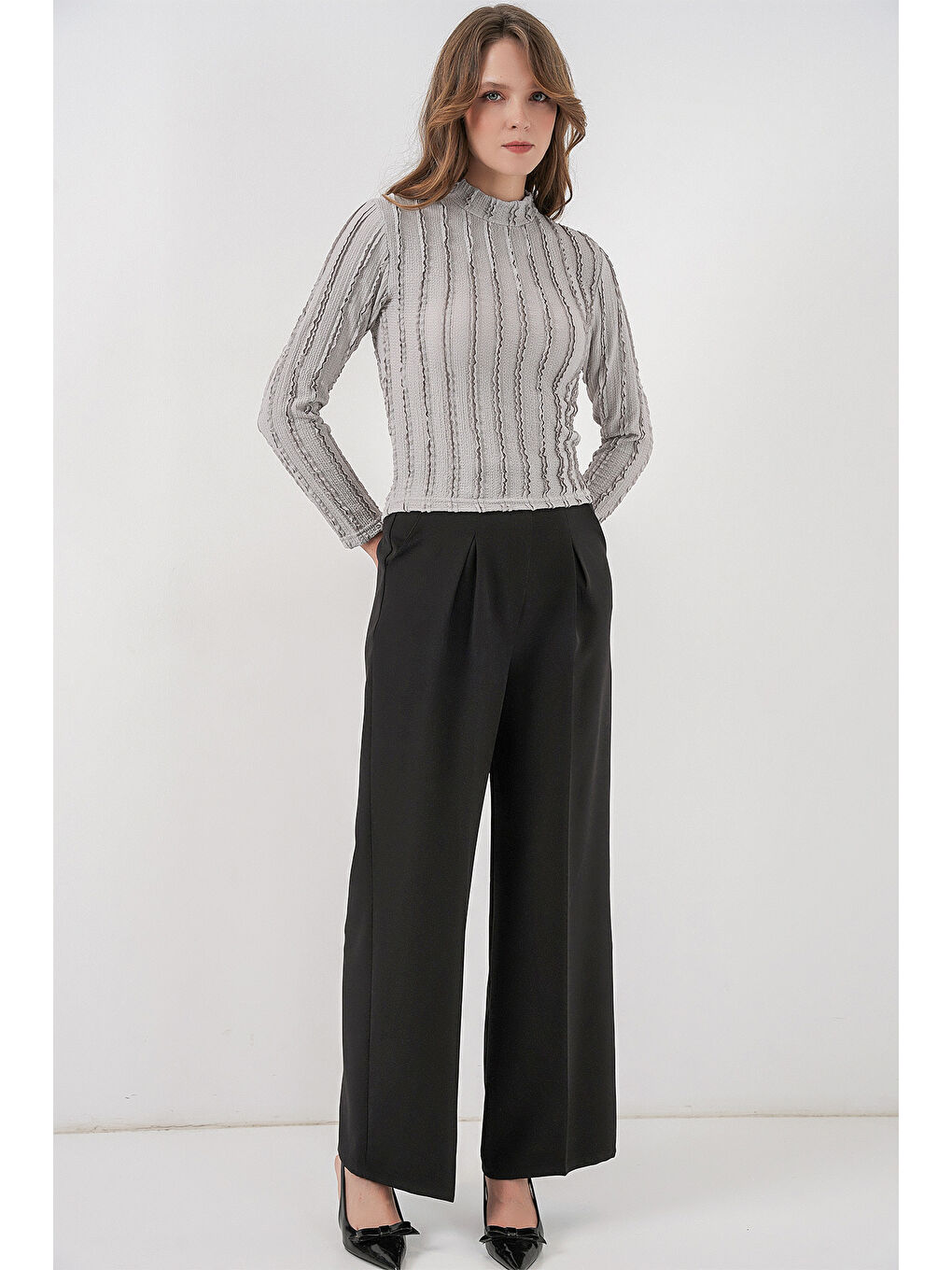 Kadın Dokulu Esnek Örme Bluz 975 - Gri-1