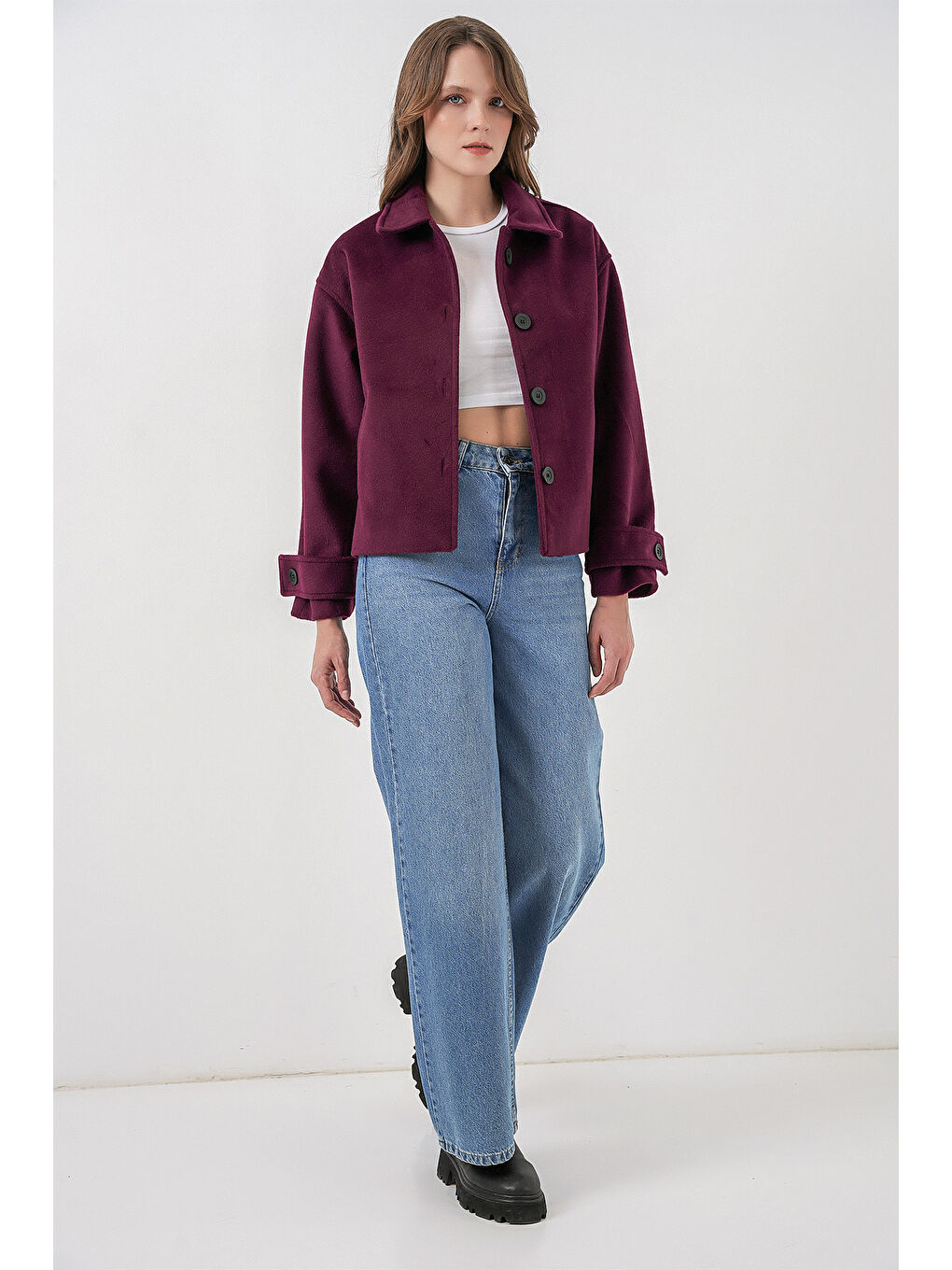 Kadın Kısa Kaşe Ceket 0724 - Mürdüm-1